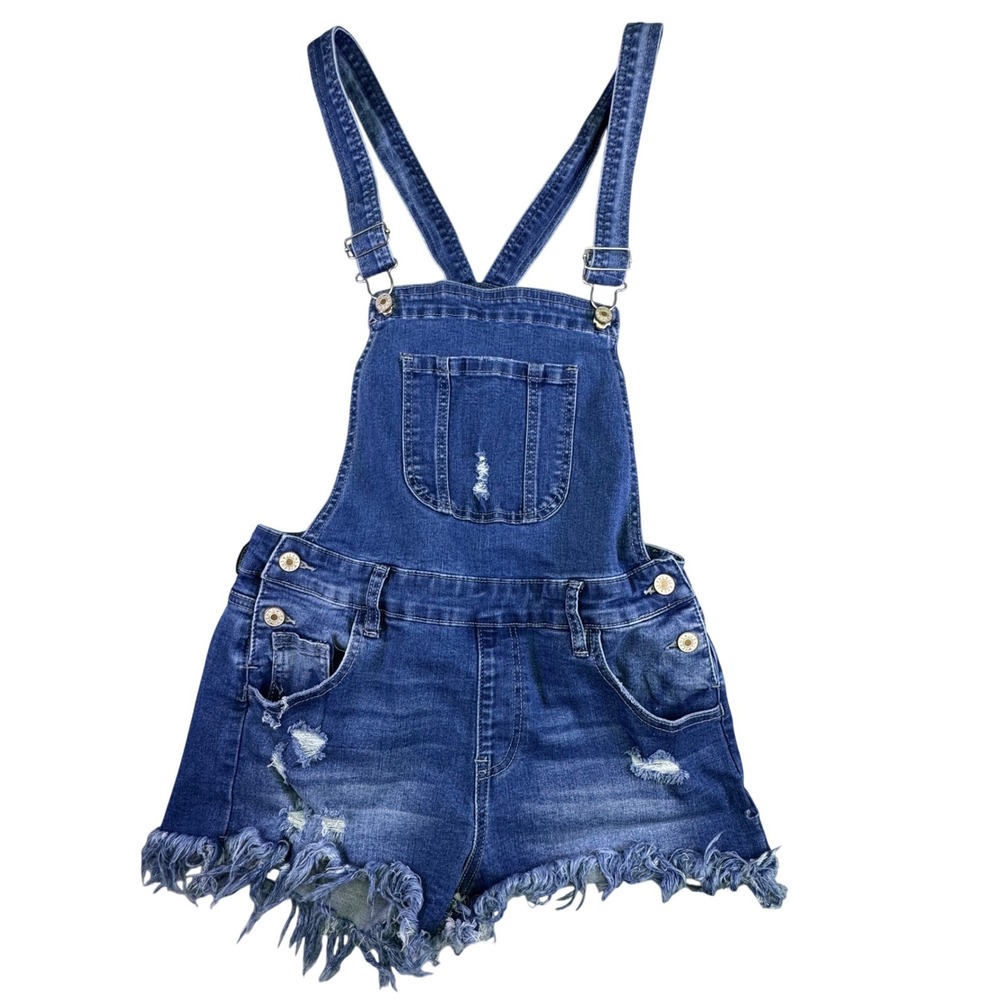 Women's Denim Overall Cut Off Shorts Distressed Y2K Blue Size S Raw Hem Fit Hot